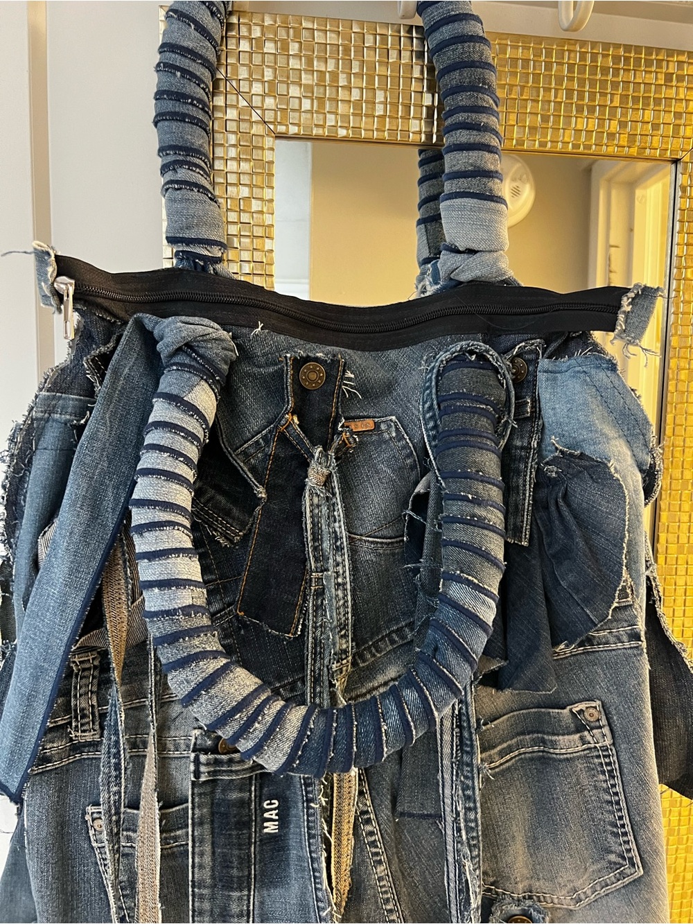 Blue Denim Fringe Shoulder Bag - Distressed Jeans Patchwork… LARGE - Picture 3 of 8